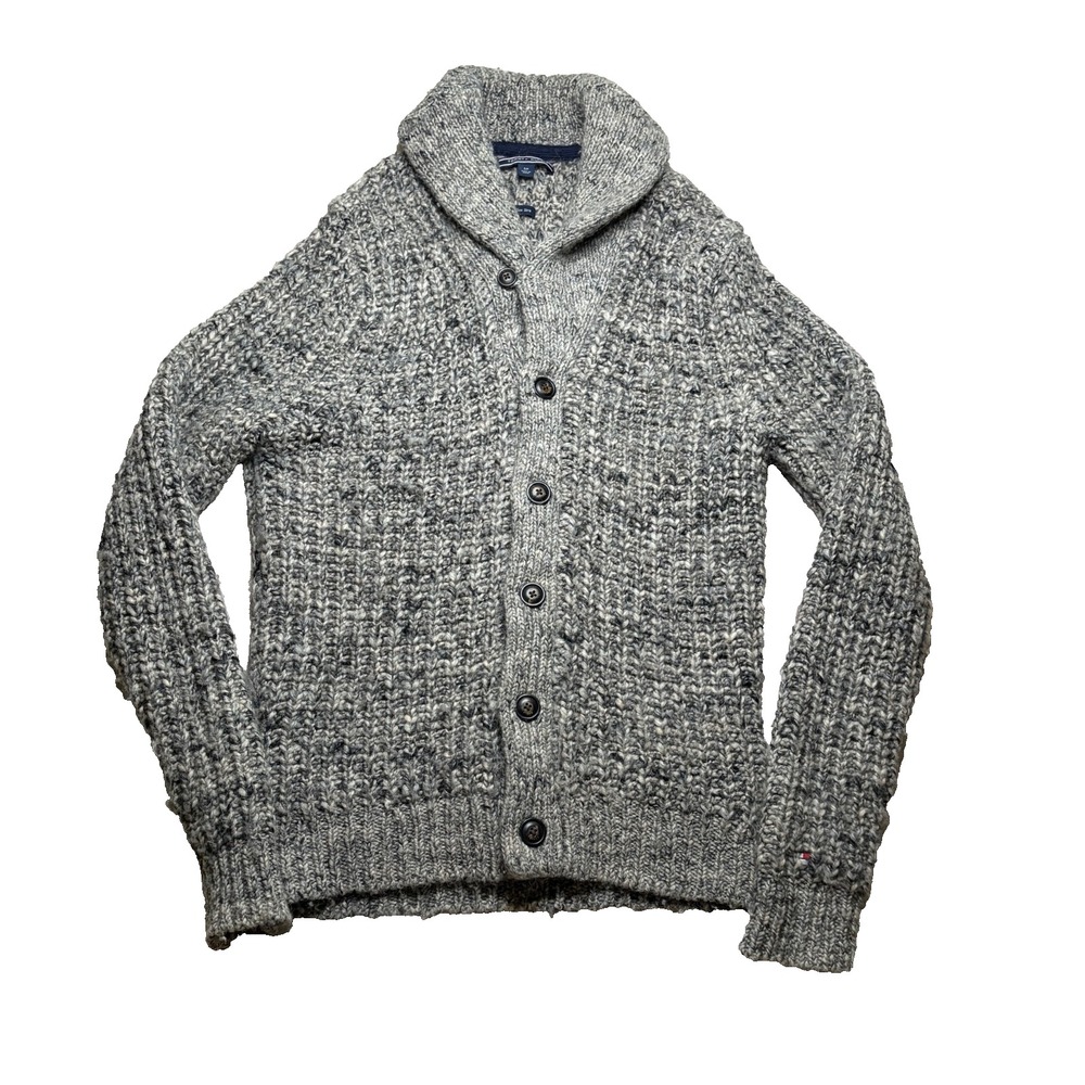 Tommy Hilfiger Cardigan Sweater Men S Marled Gray Chunky Knit Shawl Collar